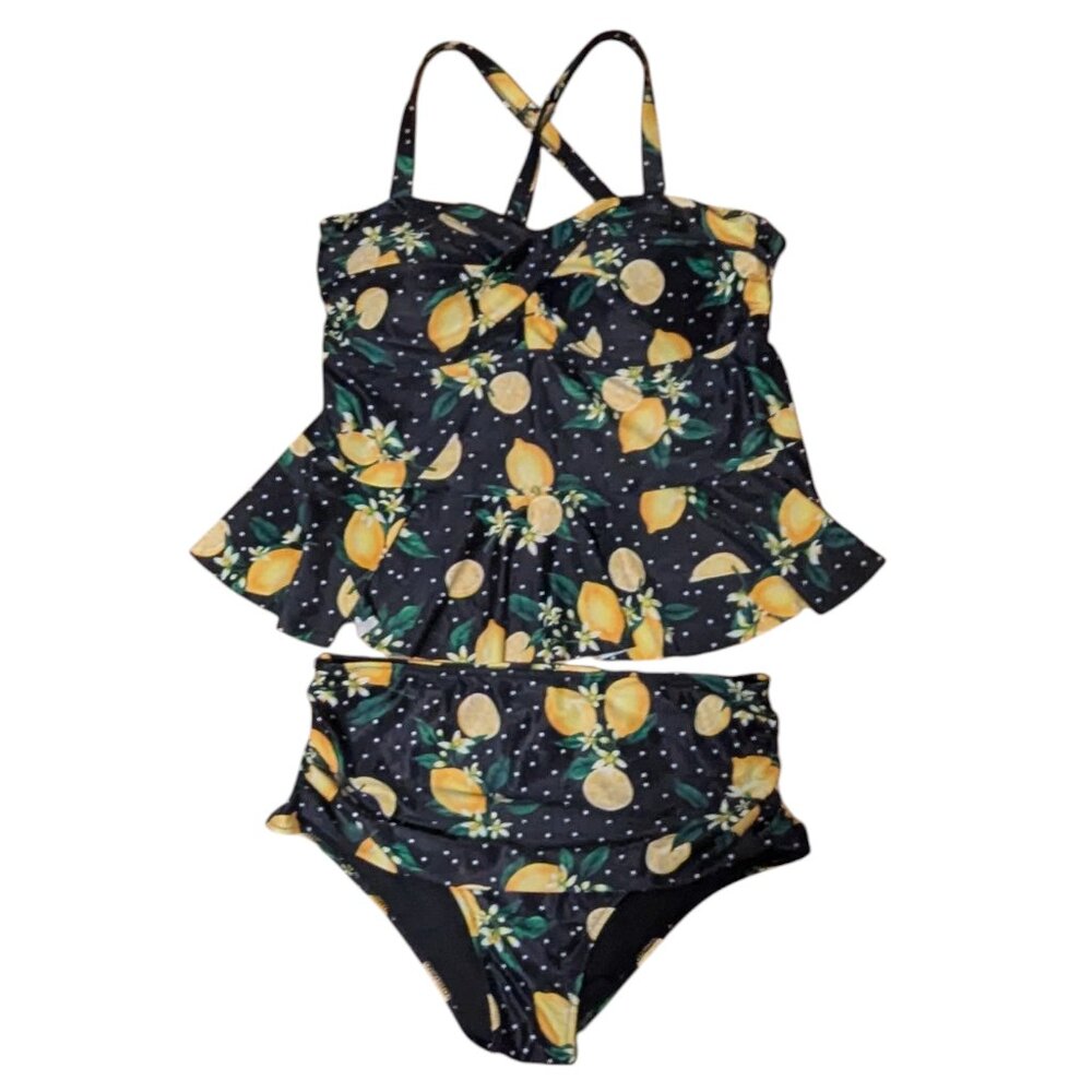 Lemon Peplum Swimsuit Polka‎ Dots High Waist Retro Pinup Two Piece NWOT